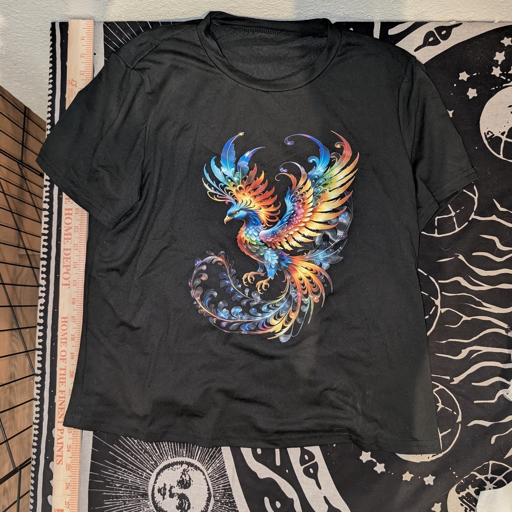 SHEIN Black Tee with Vibrant Phoenix Design